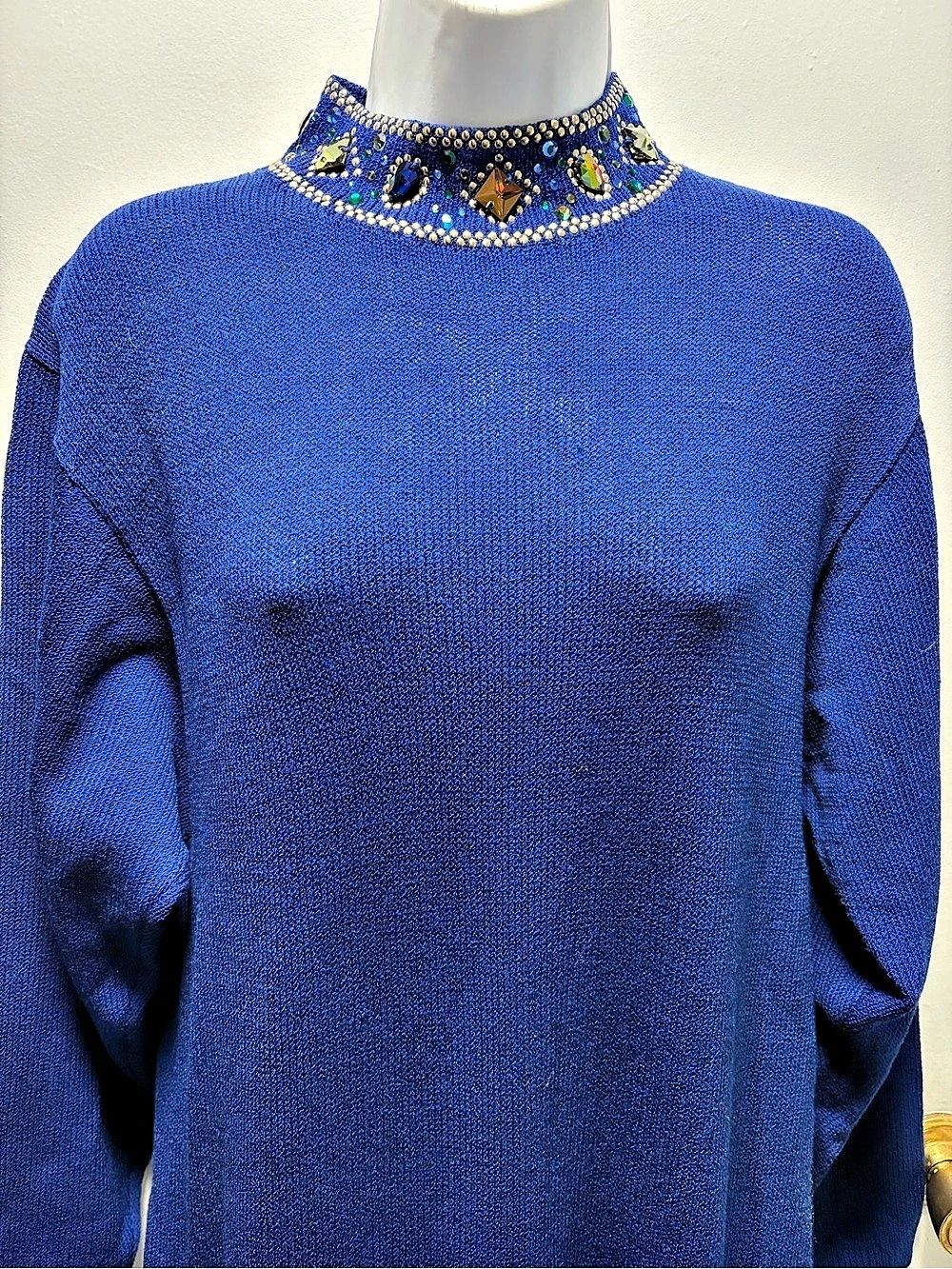 VTG St. John by Marie Gray Royal Blue Gem Embellished Knit Sweater Dress 10